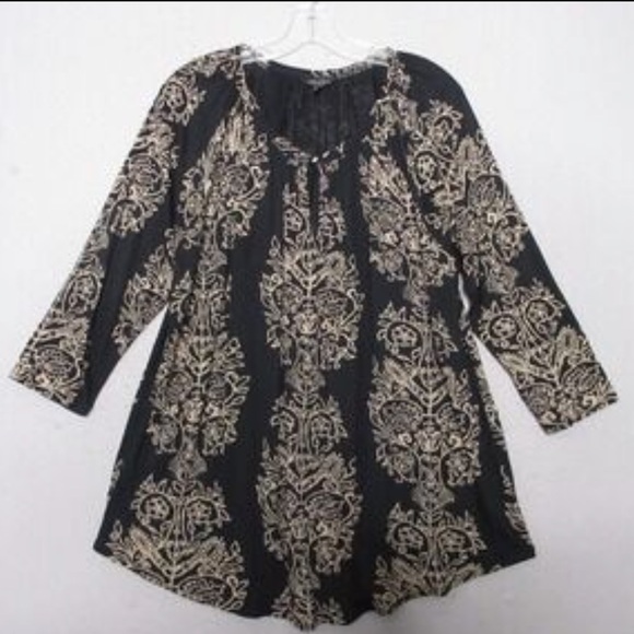 Lucky Brand Tops - Lucky Brand Black & Tan Boho Peasant Blouse Size 1X 3/4 Sleeve Keyhole Festival